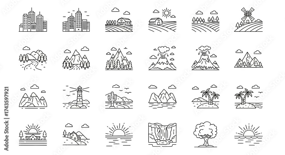 Fototapeta premium A collection of line art icons depicting various landscapes, including cityscapes, farms, mountains, volcanoes, islands, and sunrises, presented in a minimalist style.