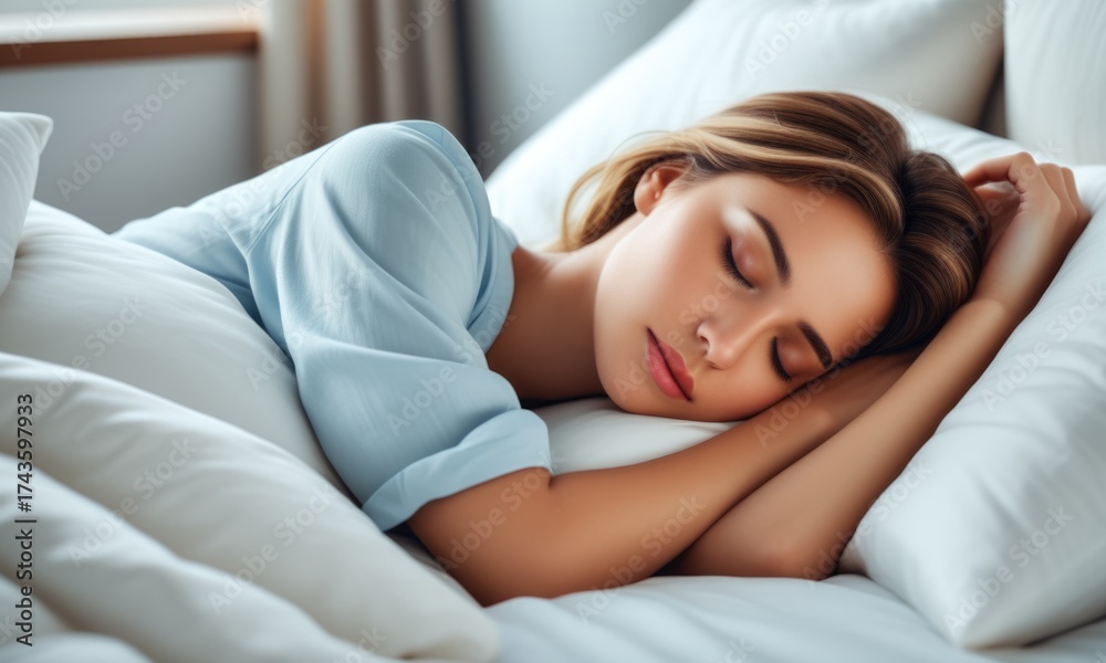 custom made wallpaper toronto digitalPeaceful woman sleeping in cozy bed with soft pillows and natural light