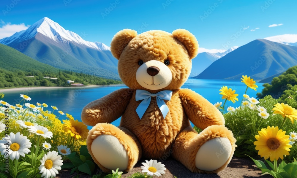 custom made wallpaper toronto digitalCute teddy bear in scenic mountain landscape with flowers and lake