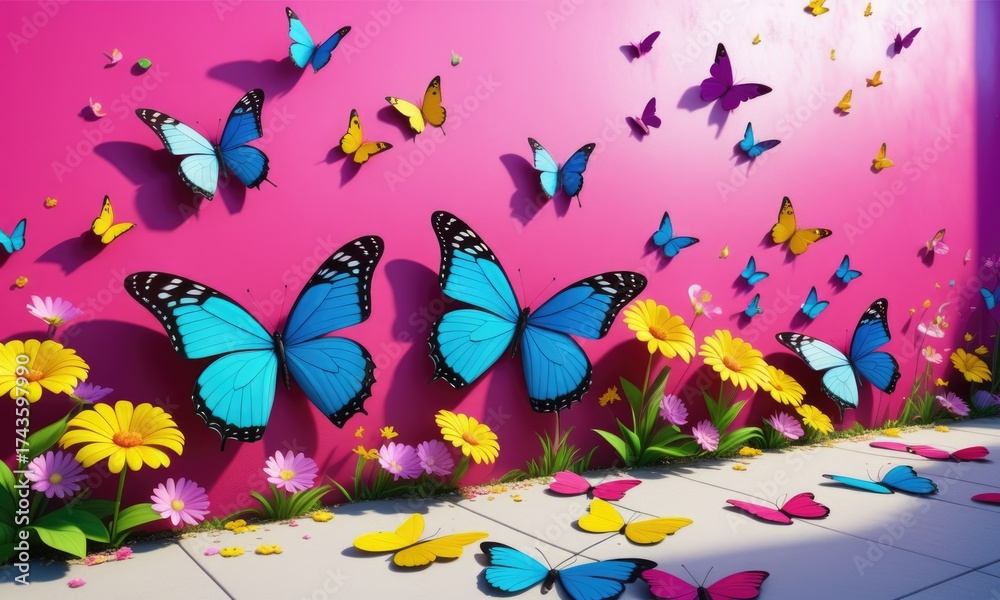 custom made wallpaper toronto digitalVibrant butterflies and colorful flowers on pink wall background