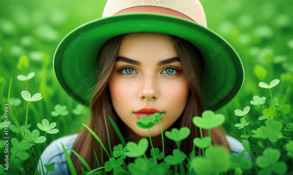 custom made wallpaper toronto digitalYoung woman in green hat surrounded by lush clover field and bright greenery
