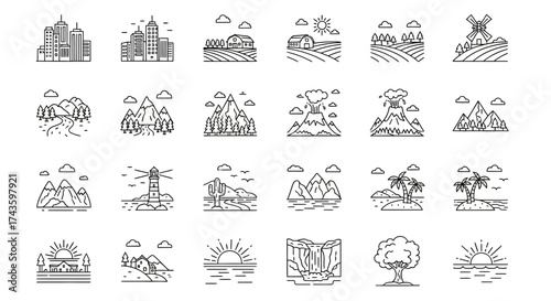 A collection of line art icons depicting various landscapes, including cityscapes, farms, mountains, volcanoes, islands, and sunrises, presented in a minimalist style.
