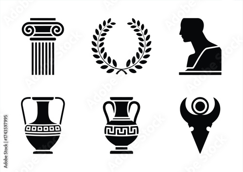 Set of six silhouette illustrations of ancient greek and roman cultural icons vector graphics eps format silhouette vector illustration white background