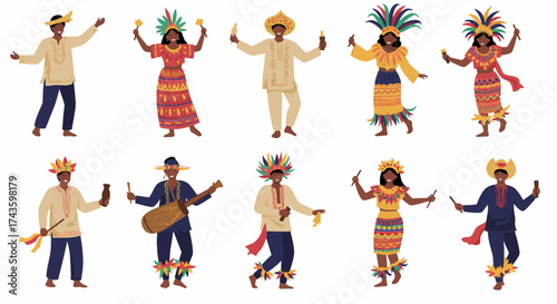 Eight people in colorful traditional costumes performing a dance against a white background