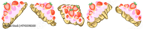 Strawberry Cream Croissant Illustration Set – Cute Bakery Pastry Vector for Cafe Menu, Dessert Clipart and Sweet Food Design