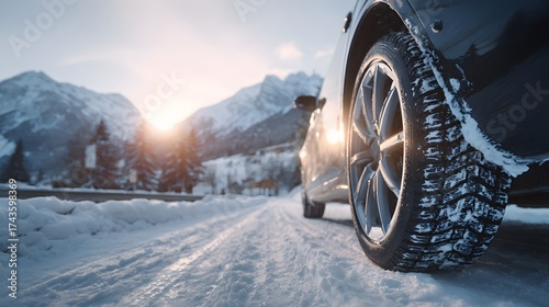 Wallpaper Mural shot of a car's winter tire driving on a snowy road, showcasing the treads, amidst a picturesque mountainous landscape with a bright sun illuminating the scene during a sunny day. Torontodigital.ca
