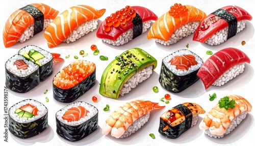 Set of Sushi Rolls and Nigiri Clipart in White Background