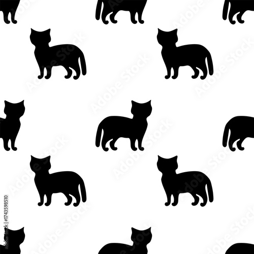 Seamless repeating pattern of silhouettes of black cats in a standing position on a white background for textile design, wallpaper, packaging