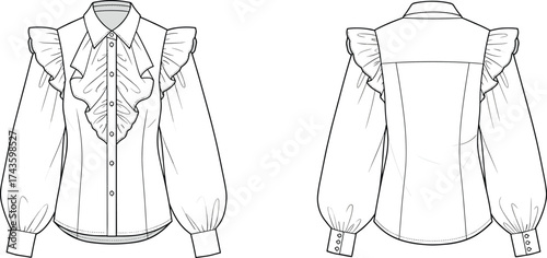 Fashion blouse technical flat sketch with ruffle design, CAD drawing vector illustration, women shirt front back