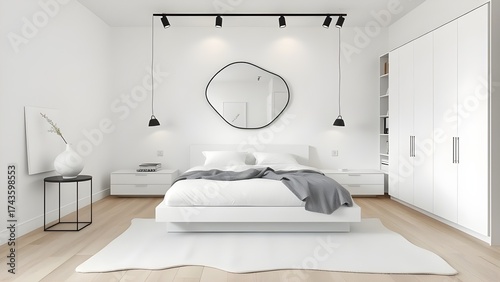 Modern minimalist bedroom interior design with a sleek white platform bed, contemporary mirror, and integrated closet system