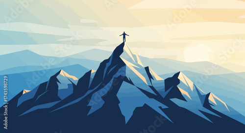Silhouette atop jagged mountain peak symbolizing achievement and adventurous journey