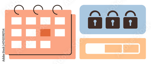 Calendar grid, three locks, and progress bar symbolizing planning, security, productivity, time management, privacy, goal-setting and efficiency. Ideal for workflow project planning deadlines