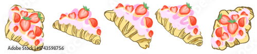 Strawberry Cream Croissant Illustration Set – Cute Bakery Pastry Vector for Cafe Menu, Dessert Clipart and Sweet Food Design