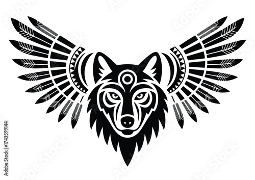 Tribal wolf head with native arrow pattern and wings vector illustration scalable eps icon silhouette vector illustration white background
