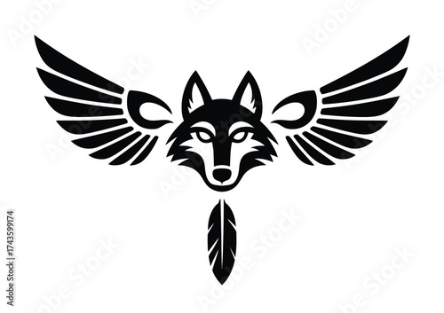 Tribal winged wolf head with feather native arrow pattern vector illustration eps scalable graphic design silhouette vector illustration white background