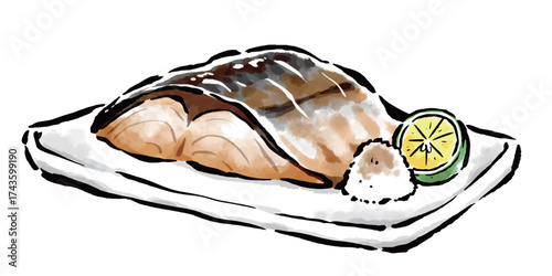 鯖の塩焼き　筆タッチ手描きイラスト