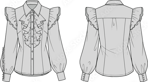 Women blouse fashion flat sketch with ruffle detail, CAD drawing vector illustration, clothing design front back view