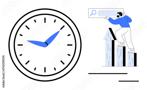 Large clock face with blue hands next to a man climbing growth arrows while using a search tool. Ideal for time management, productivity, success, business growth, goals, planning, efficiency. Simple