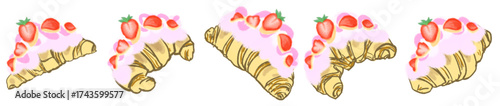 Strawberry Cream Croissant Illustration Set – Cute Bakery Pastry Vector for Cafe Menu, Dessert Clipart and Sweet Food Design