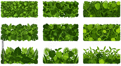 Nine distinct rectangular borders of dense layered green jungle foliage and vines