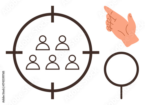 Group of people inside crosshair, magnifying glass representing analysis, pointing hand symbolizing decision-making. Ideal for marketing, strategy, focus, audience analysis, leadership, targeting