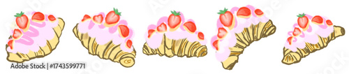 Strawberry Cream Croissant Illustration Set – Cute Bakery Pastry Vector for Cafe Menu, Dessert Clipart and Sweet Food Design