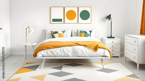 A Modern Bedroom with a White Bed, Orange Blanket, and Geometric Rug