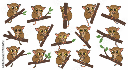 Repeating pattern of cartoon tarsiers clinging to brown tree branches