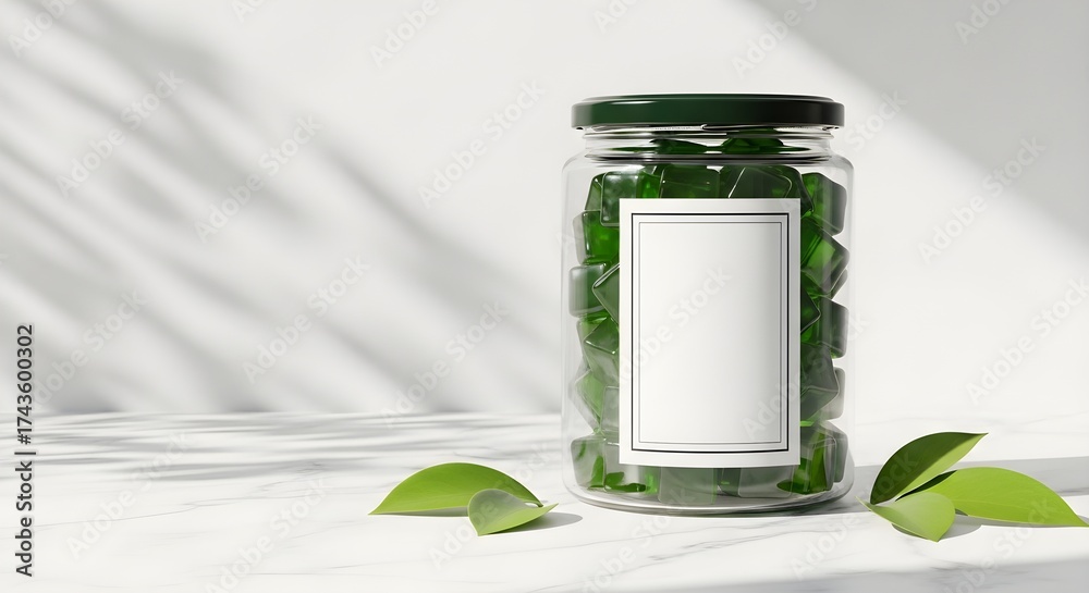 custom made wallpaper toronto digitalGlass jar with green herbs, leaves, and blank label; symbolizes natural vegan supplements.