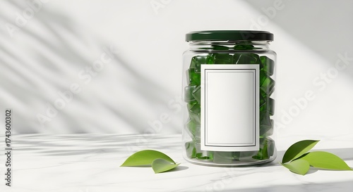 Wallpaper Mural Glass jar with green herbs, leaves, and blank label; symbolizes natural vegan supplements. Torontodigital.ca
