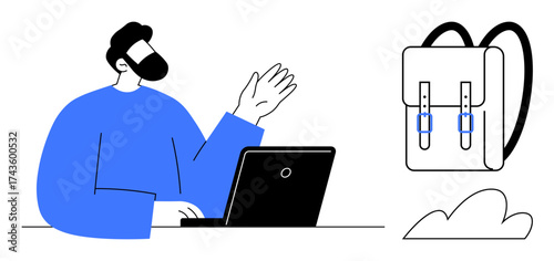 Person gesturing while using a laptop, accompanied by a backpack and cloud. Ideal for education, remote work, travel, e-learning, communication, digital nomad productivity. Simple flat metaphor