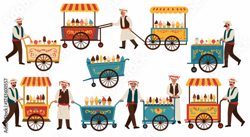Turkish ice cream vendors pushing and pulling decorated carts with frozen desserts
