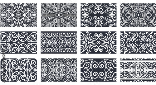 Twelve black and white graphic patterns inspired by traditional tribal art motifs