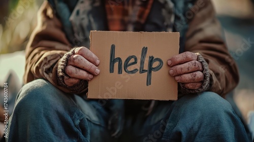 Person holding a help sign, symbolizing homelessness and urgent need.