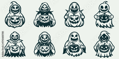 Set of eight creepy cartoon ghosts and hooded figures holding carved pumpkins for Halloween.