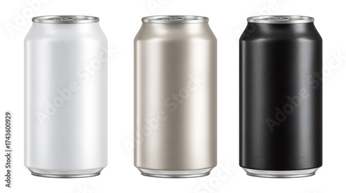 Set of blank beverage cans in white, silver, and black