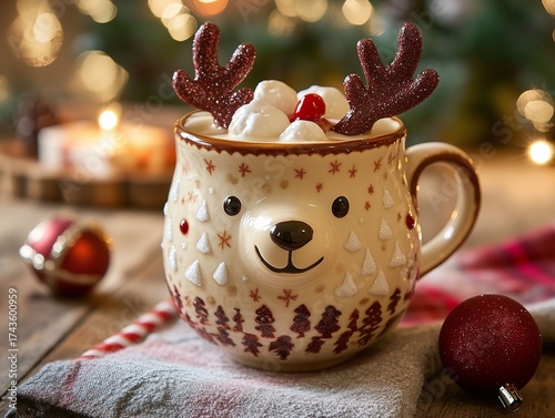 Wallpaper Mural Cozy Christmas Reindeer Mug with Snowflake Pattern and Textured Red Knitted Scarf Torontodigital.ca