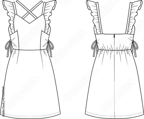 Women dress flat sketch with ruffle strap and tie waist, CAD drawing vector fashion illustration