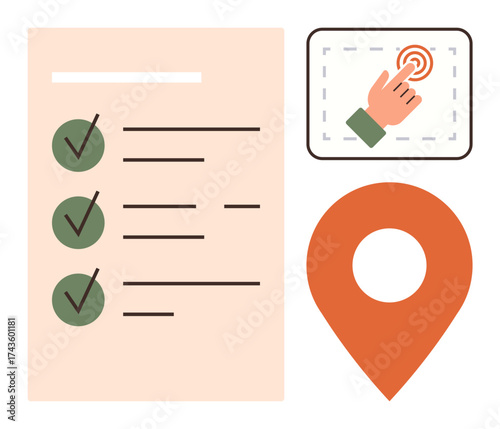 Checklist with green checkmarks, orange navigation pin, and hand tapping on a touchscreen button. Ideal for organization, planning, navigation, decision-making, technology use, task management