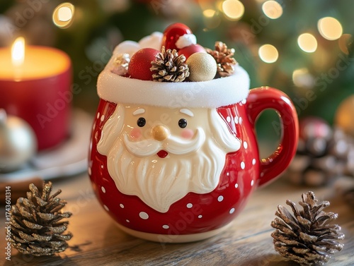 Wallpaper Mural Creative Christmas Still Life with Festive Santa Claus Mug Filled with Ornaments and Pine Cones Torontodigital.ca