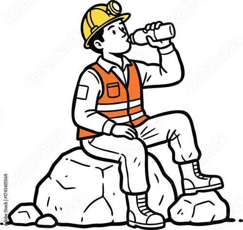 Cartoon Miner Resting on a Rock and Drinking Water Doodle