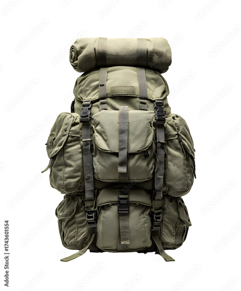 Fototapeta premium Large olive green hiking backpack with multiple compartments and rolled sleeping bag