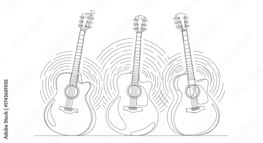 Obraz premium Three acoustic guitars are depicted in a line art style, with radiating sound wave patterns emanating from each instrument.