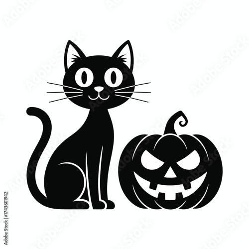 Cute black cat and spooky jack o lantern vector illustration for halloween decorations and graphic design projects silhouette vector illustration white background