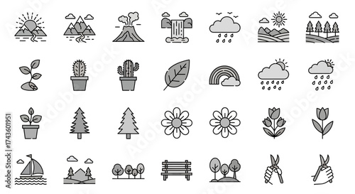 A collection of nature-themed line art icons, including mountains, plants, weather symbols, and gardening tools, arranged in rows.