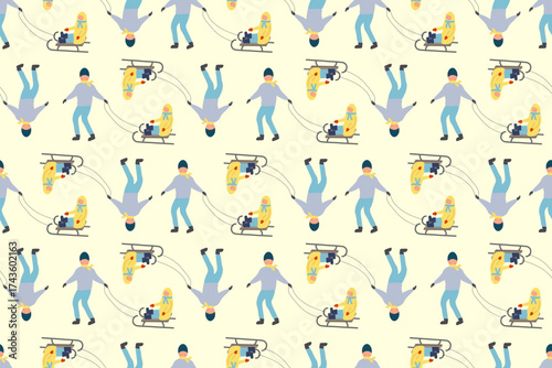 Seamless pattern. Family walk in  fresh air. Games and entertainment outside in winter. Dad is taking  child on  sled. Flat vector design. For wallpaper, textile, packaging, background or website.