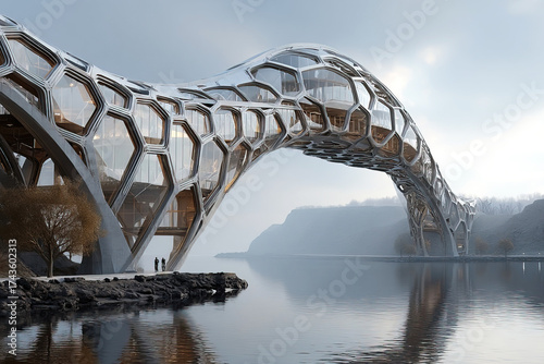Modern bridge showcases innovative design above serene river in foggy landscape