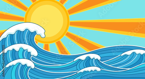 Cartoon wave scene with bright sunshine illustration creating a tranquil oceanic scape