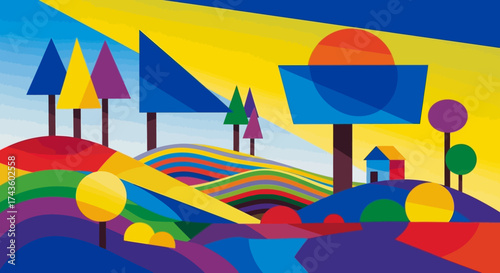 Geometric abstraction of a rural landscape featuring vibrant colors and whimsical forms