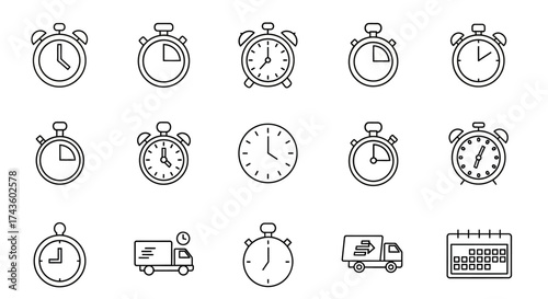 Collection of outline style icons representing time, delivery, deadline and schedule management